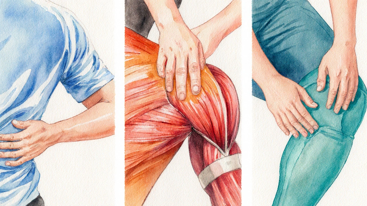 Ba hình minh họa các kỹ thuật massage Swedish, Deep Tissue và Myofascial Release trên các nhóm cơ