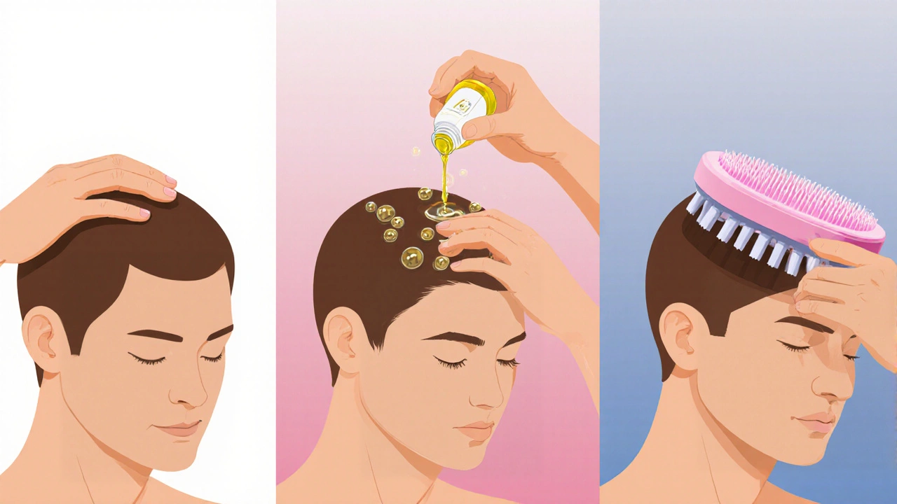 Ba kỹ thuật massage đầu: ngón tay, dầu, và cọ silicone.