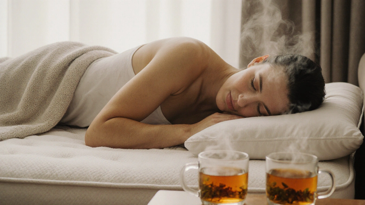 Cặp đôi thư giãn sau massage, chồng chăn và cốc trà.