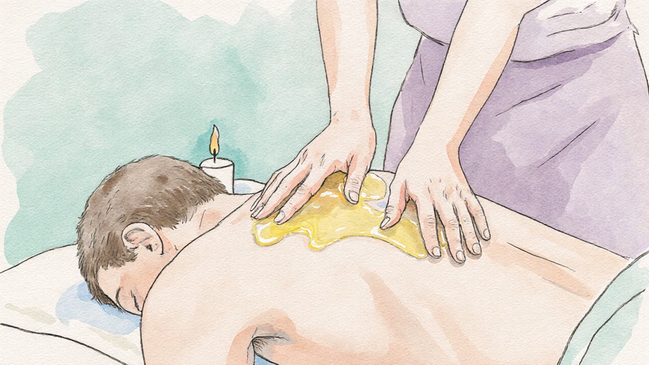 Đôi tay nhẹ nhàng xoa bóp lưng người nhận, dầu bóng nhẹ.