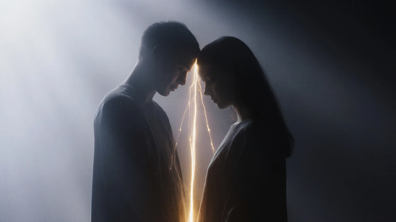 Hai bóng dáng silhouetted kết nối bằng luồng sáng vàng, biểu tượng cho sự hiện diện và kết nối cảm xúc.