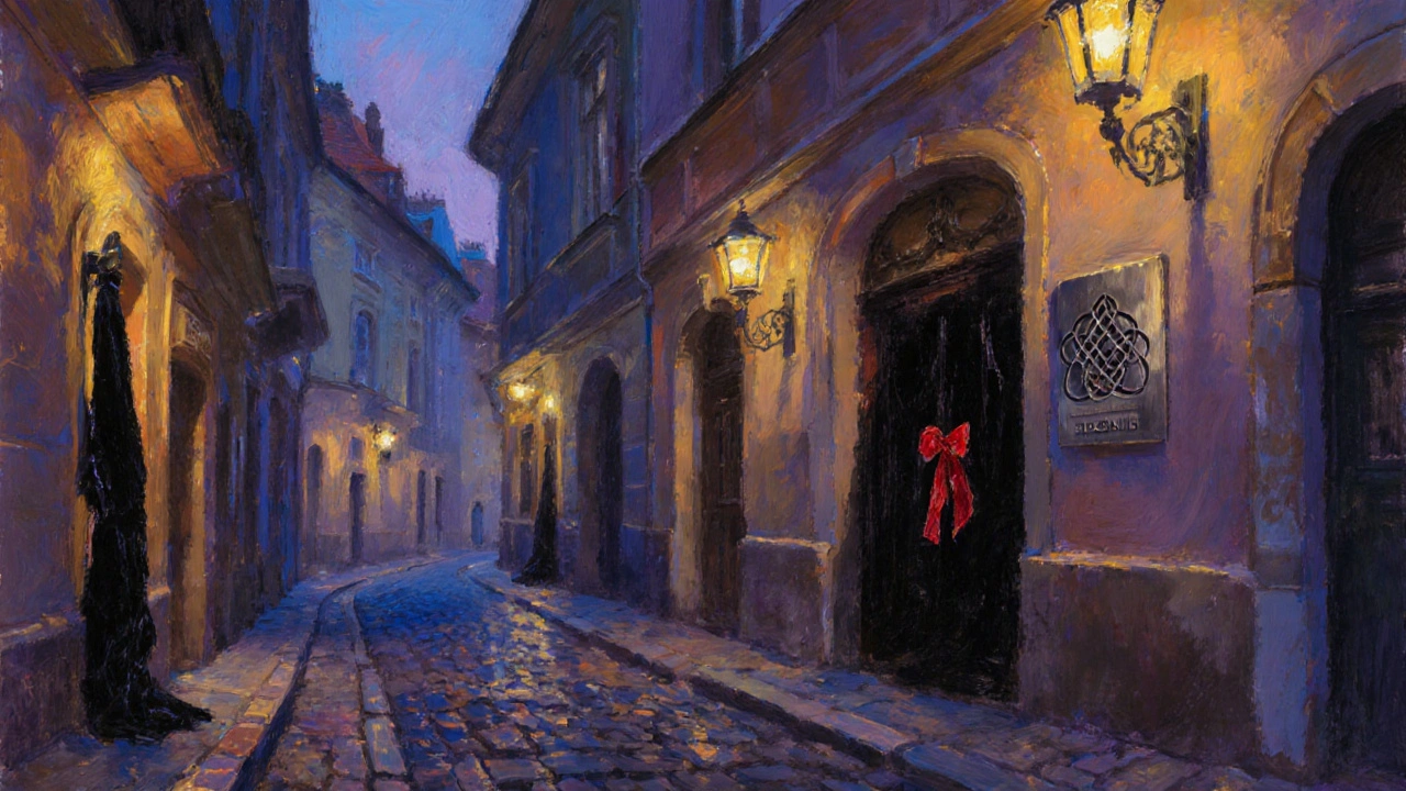 Phố đêm Prague với các cửa hiệu gợi ý studio BDSM, ánh đèn vàng và cửa rèm tối.