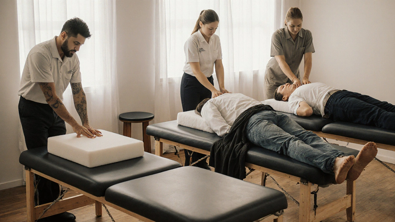 Ba người khác nhau đang được massage trên ba bàn vắt sữa trong một trung tâm chăm sóc sức khỏe cộng đồng.