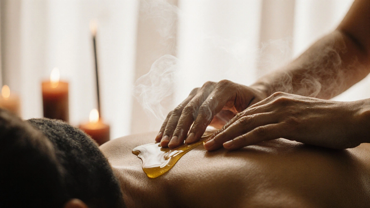 Bàn tay trượt dọc sống lưng với dầu ấm dưới ánh trăng mờ ảo.