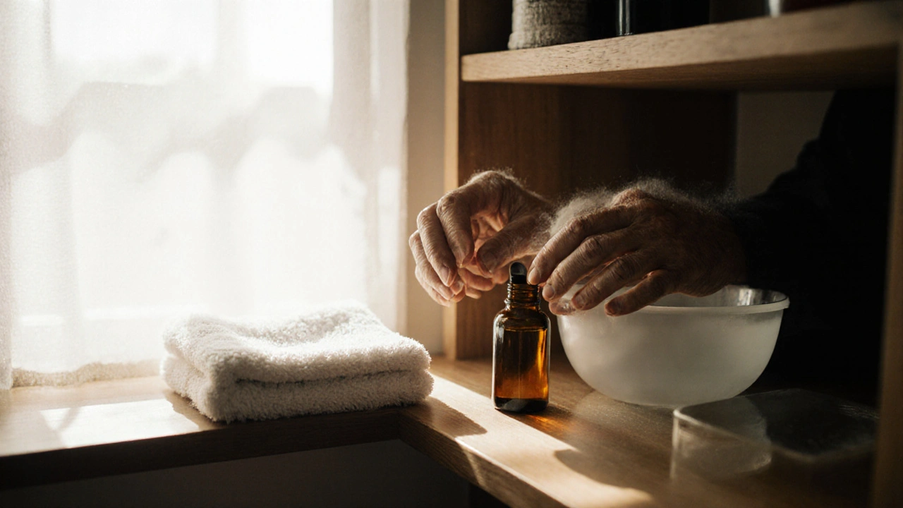 Các vật dụng chăm sóc cá nhân: dầu massage, khăn tắm và nước ấm, sắp xếp gọn gàng trên kệ gỗ, thể hiện thói quen tự chăm sóc sức khỏe.