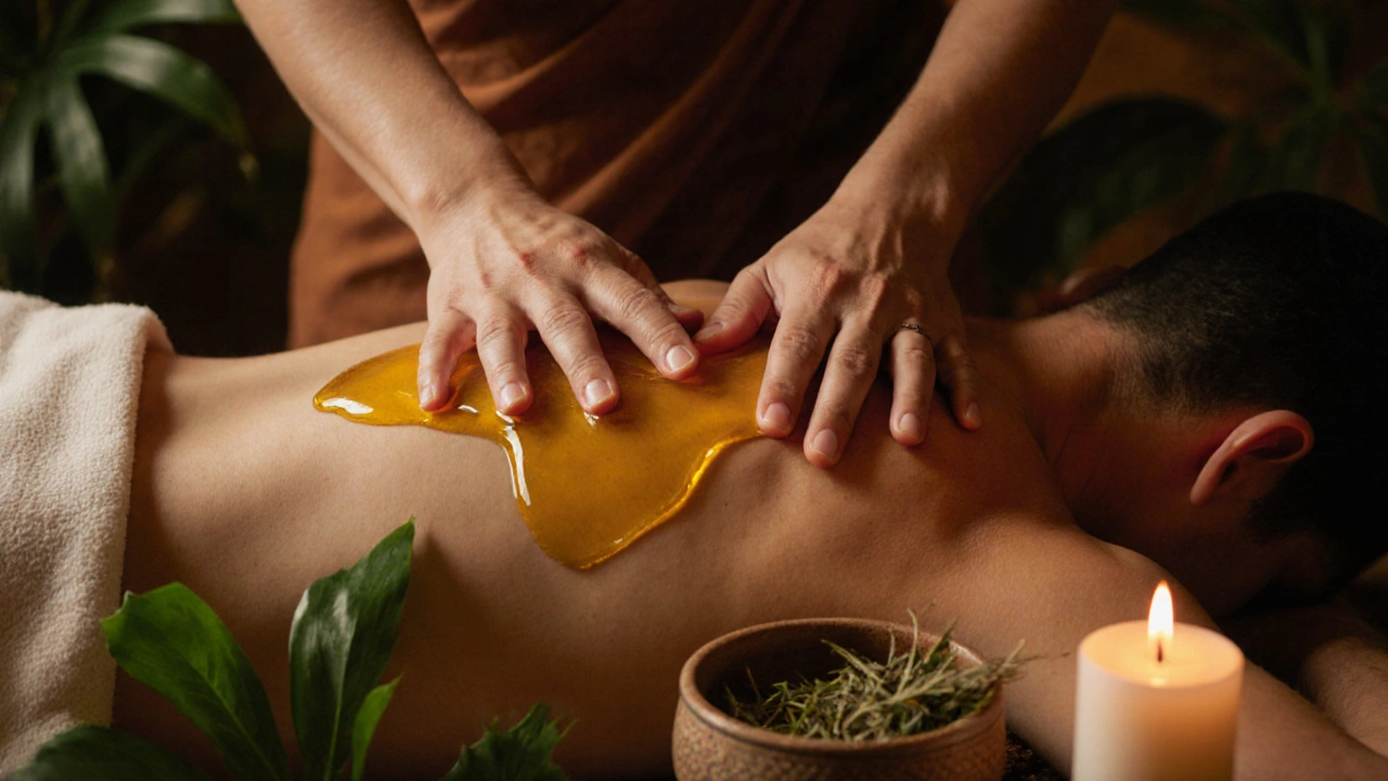 Cận cảnh bàn tay đang xoa dầu ấm lên lưng người được massage, không có tiếp xúc gợi cảm, chỉ sự chăm sóc dịu dàng.