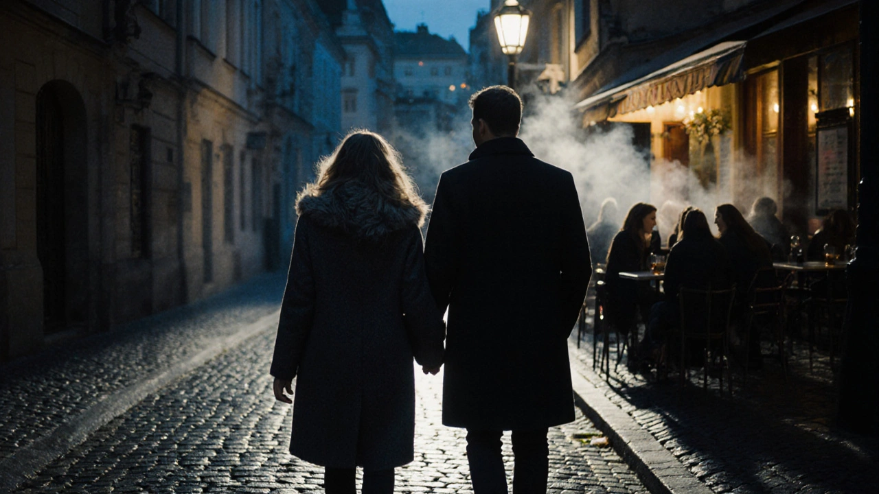 Cặp đôi đi bộ tay trong tay qua con hẻm cổ Prague sau buổi massage, im lặng nhưng gần gũi hơn bao giờ hết.