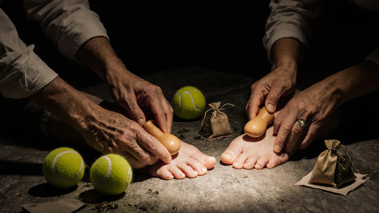 Hai bàn tay đang dùng dụng cụ gỗ bấm huyệt lên bàn chân trên mặt đá.