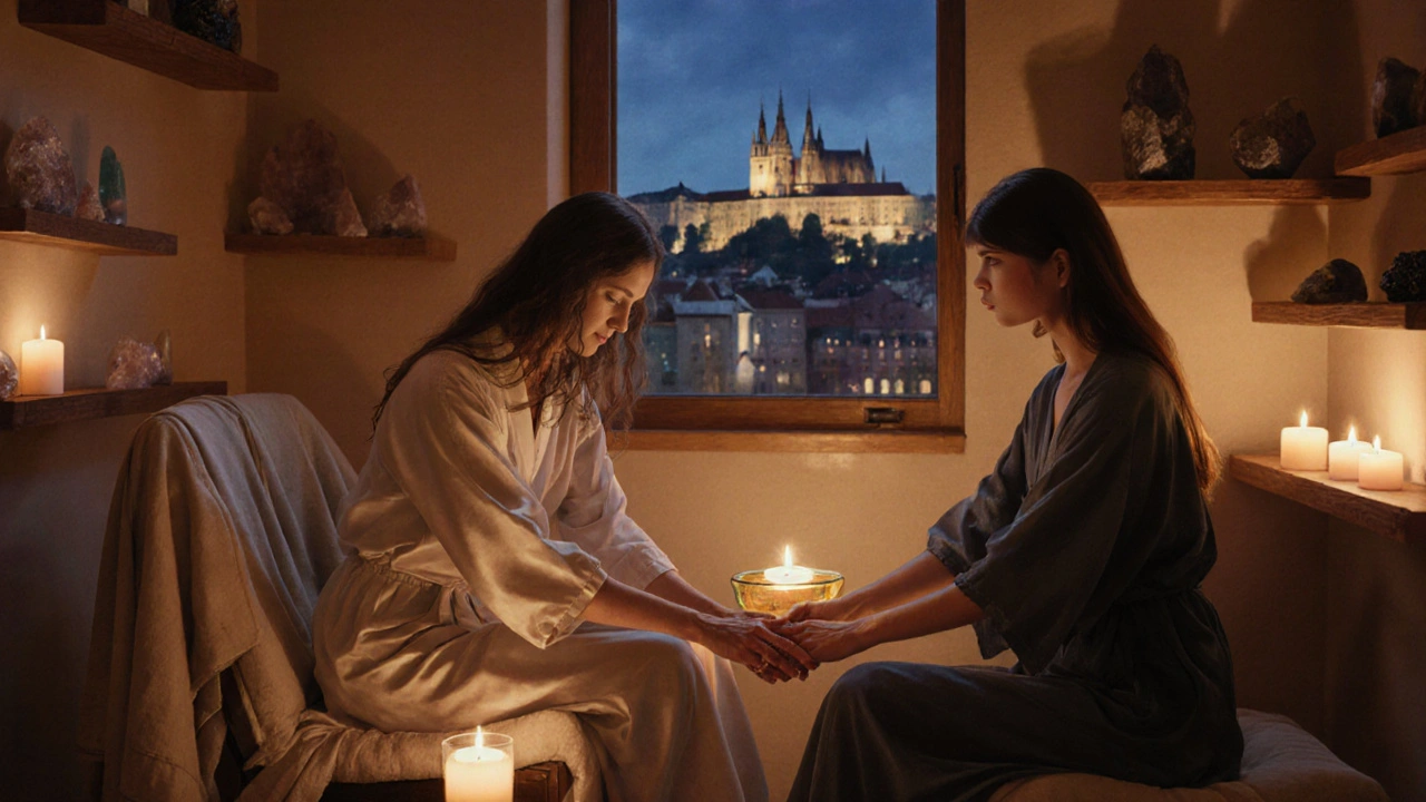 Hai người đang massage tay và chân cho nhau trong phòng yên tĩnh, nến lung linh và mùi hương nhẹ nhàng.