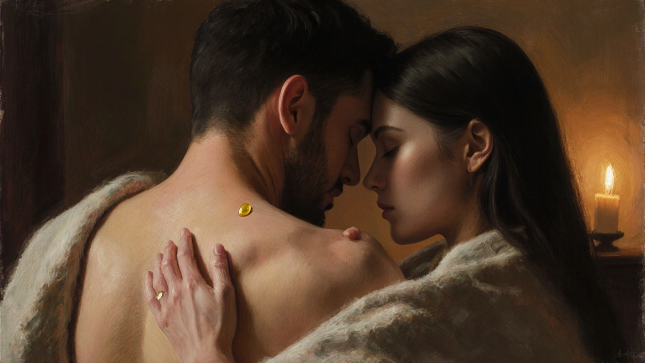 Hai người ôm nhau trong yên lặng sau buổi massage, trán chạm trán.