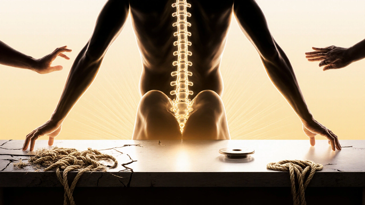 Hình ảnh biểu tượng của cột sống được căn chỉnh trên bàn vắt sữa, các căng thẳng được thể hiện bằng hình ảnh trừu tượng.