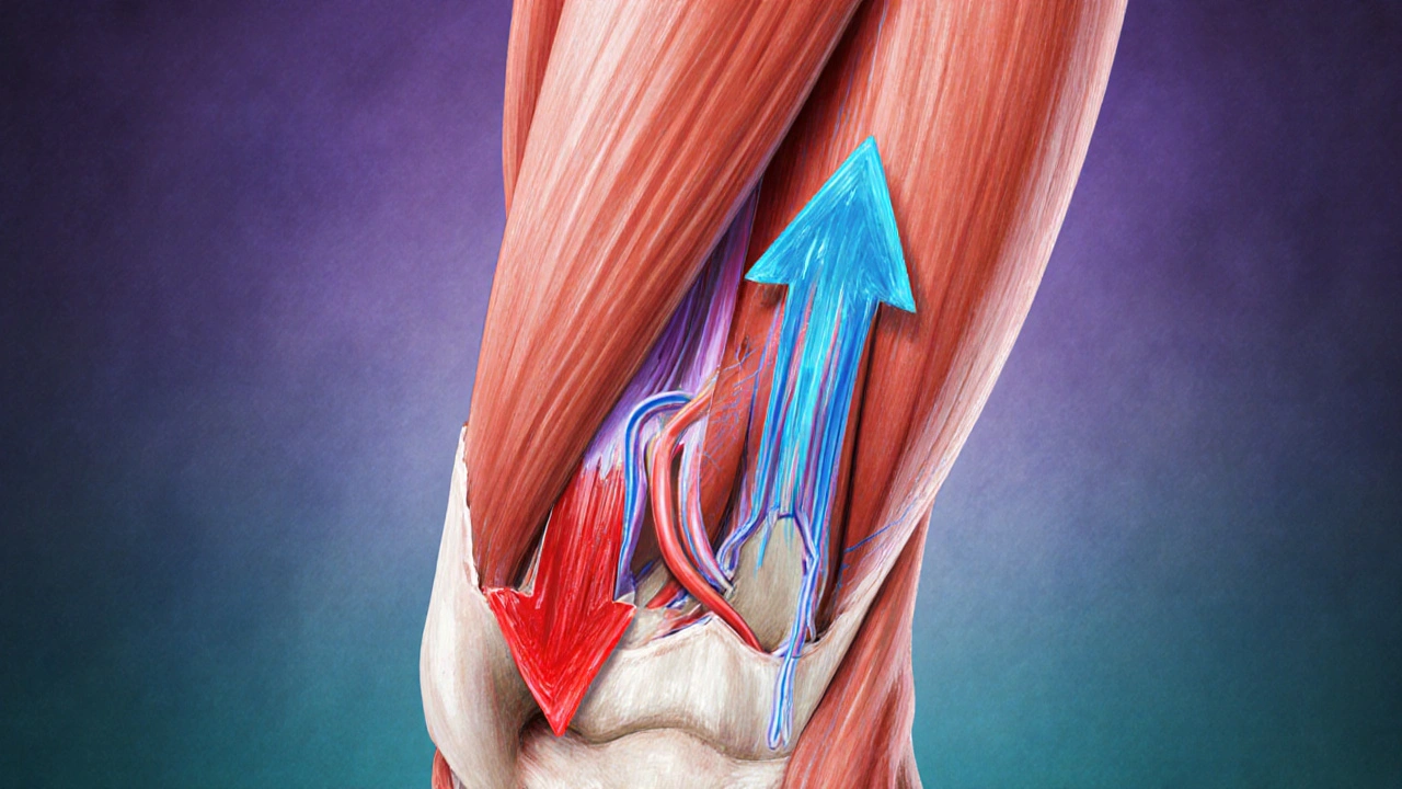 Hình ảnh giải phẫu chân với dòng máu và dịch bạch huyết được kích thích di chuyển nhờ áp lực cơ học.