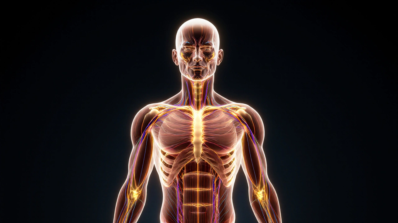 Hình ảnh giải phẫu cơ thể với các đường năng lượng Sen chiếu sáng, trùng khớp với dây thần kinh và mạch bạch huyết.