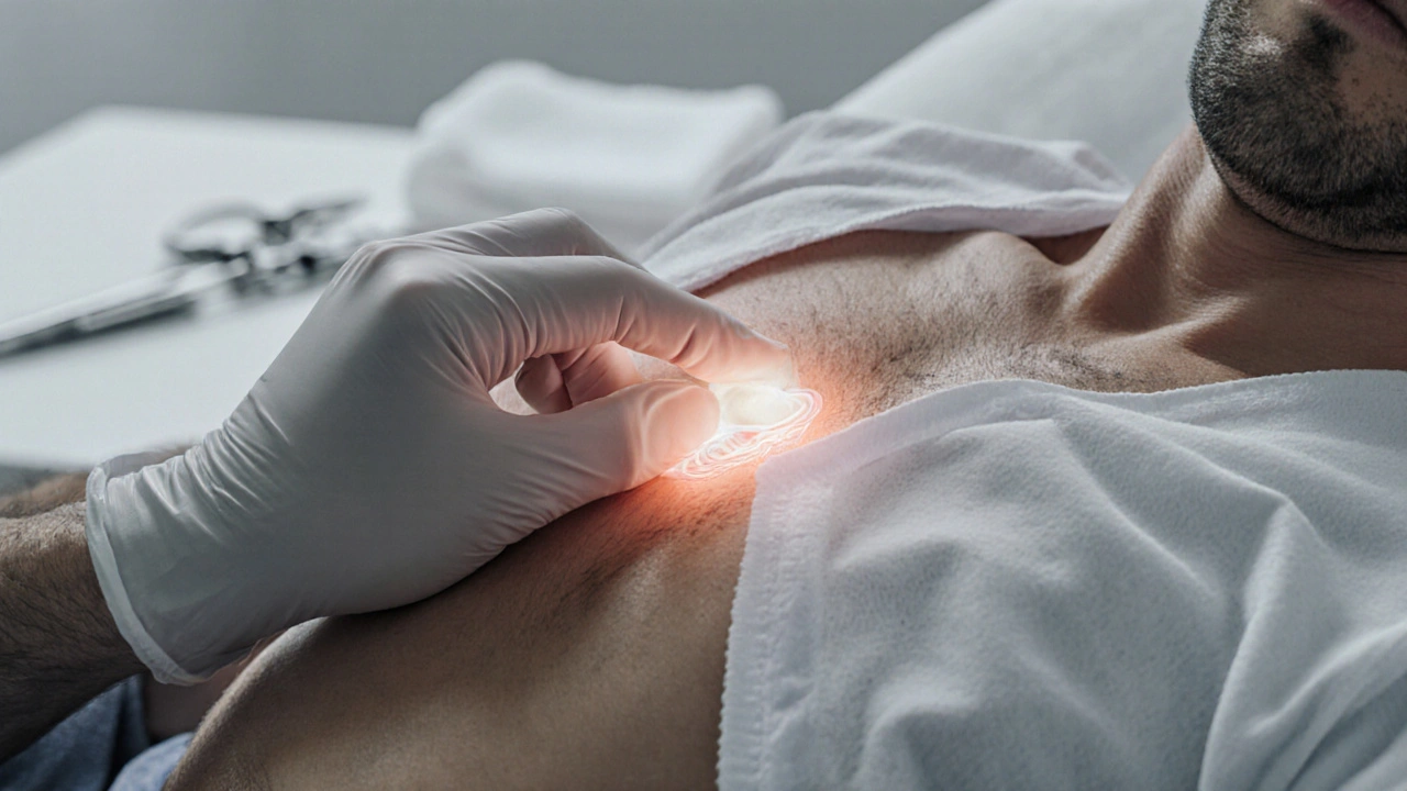 Hình ảnh minh họa chính xác vị trí tuyến tiền liệt khi thực hiện mát-xa qua trực tràng với ngón tay đeo găng.