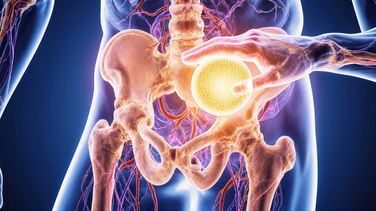 Hình ảnh minh họa giải phẫu vùng chậu với mạch máu và dây thần kinh được kích thích nhẹ nhàng bằng ánh sáng ấm, biểu tượng cho lưu thông máu cải thiện.