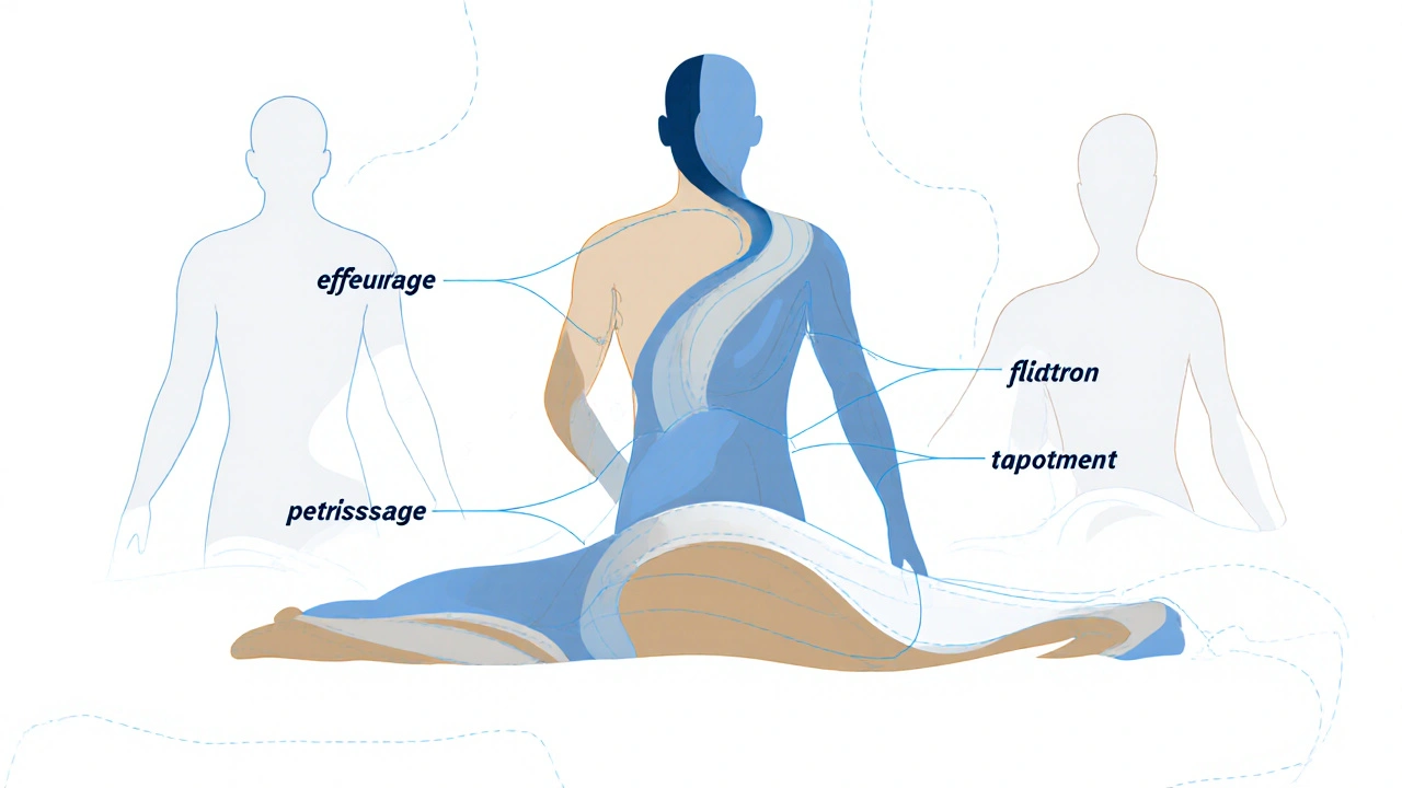 Hình ảnh minh họa năm kỹ thuật cơ bản của massage Thụy Điển dưới dạng dòng chảy nghệ thuật.