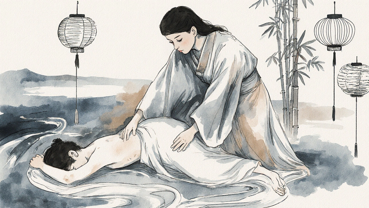 Japanese ink painting of a therapist moving gracefully around a reclining person, surrounded by flowing drapes and bamboo.