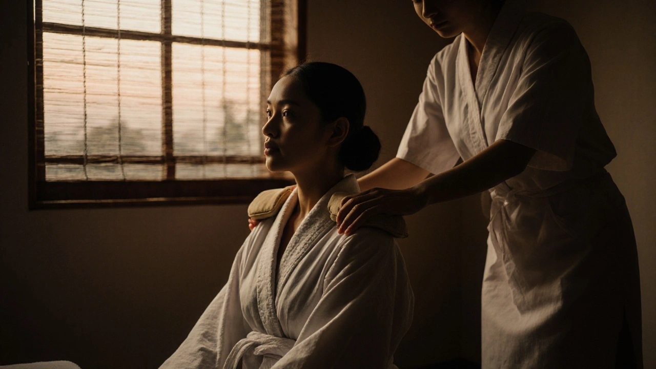 Khách hàng thư giãn trong không gian spa yên tĩnh, được bao bọc bởi khăn mềm, không có sự lộ liễu hay hành vi không phù hợp.