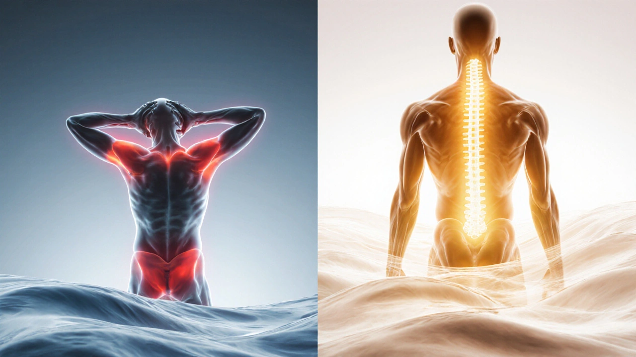 So sánh trước và sau massage: cơ thể căng thẳng chuyển thành thư giãn, ánh sáng vàng biểu thị giảm căng thẳng và tăng hạnh phúc.