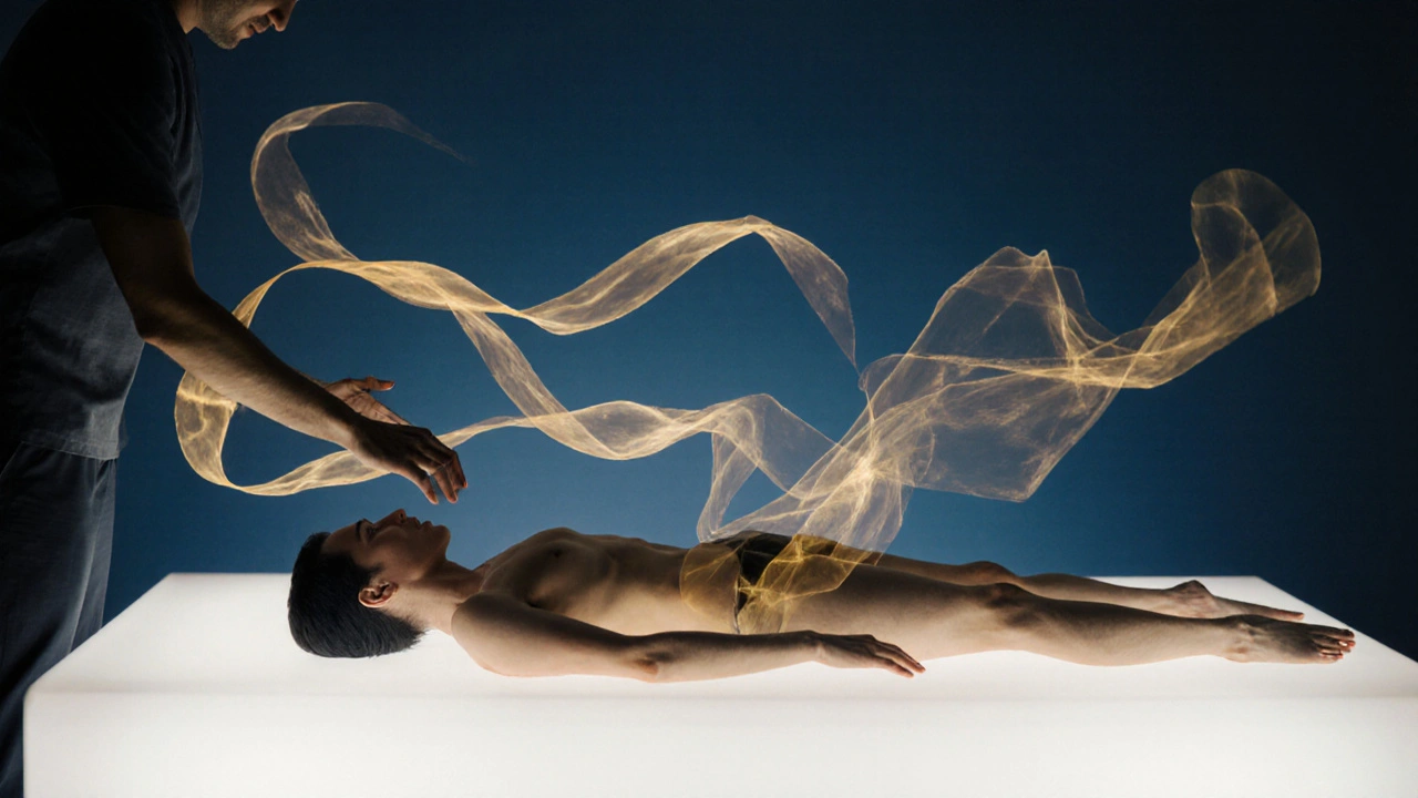 Surreal image of golden energy ribbons connecting a still figure to unseen movements, symbolizing deep bodily relaxation.