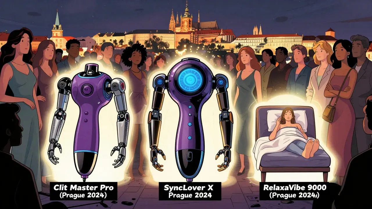 Ba thiết bị massage tình dục được miêu tả như những anh hùng công nghệ đang phát sáng từ cổng năng lượng ở Prague.
