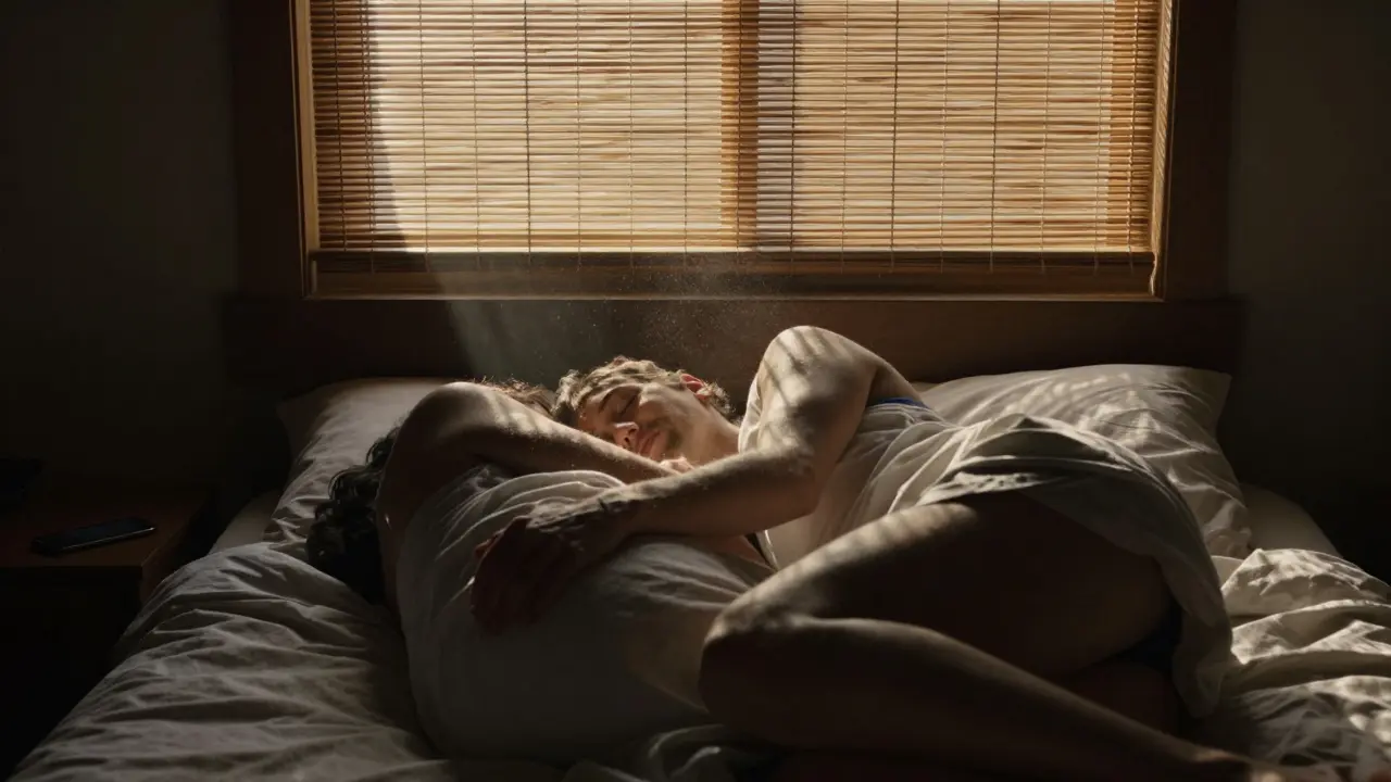 Cặp đôi đang ngủ, một tay ôm nhẹ lưng người kia, ánh sáng bình minh chiếu qua nan tre, điện thoại tắt ngúm trên bàn.