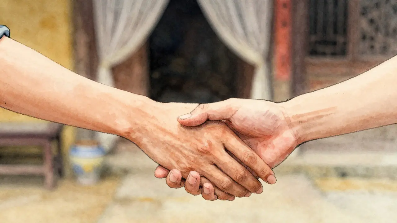 Hai bàn tay đang chạm nhẹ nhàng, một tay trượt xuống nắm lấy tay kia, trong không gian ấm áp của một ngôi nhà Việt Nam.