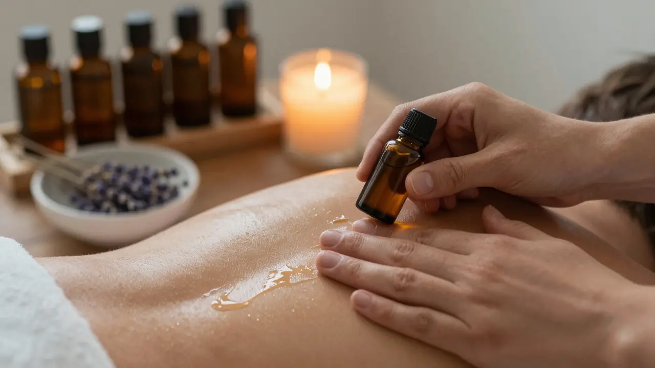 Hai bàn tay đang massage dầu jojoba lên lưng, ánh sáng nến ấm áp chiếu rọi.