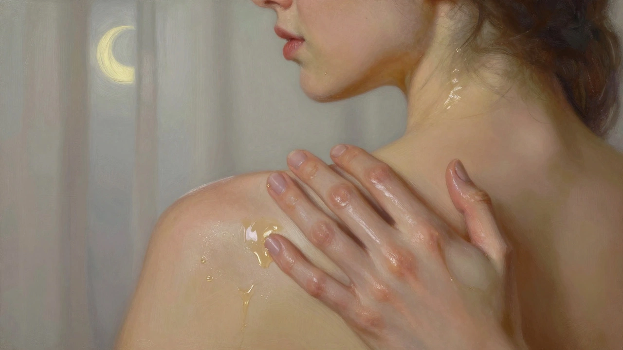 Hai bàn tay đang massage lưng với dầu oliu, môi chạm vào gáy trong khoảnh khắc yên lặng và dịu dàng.