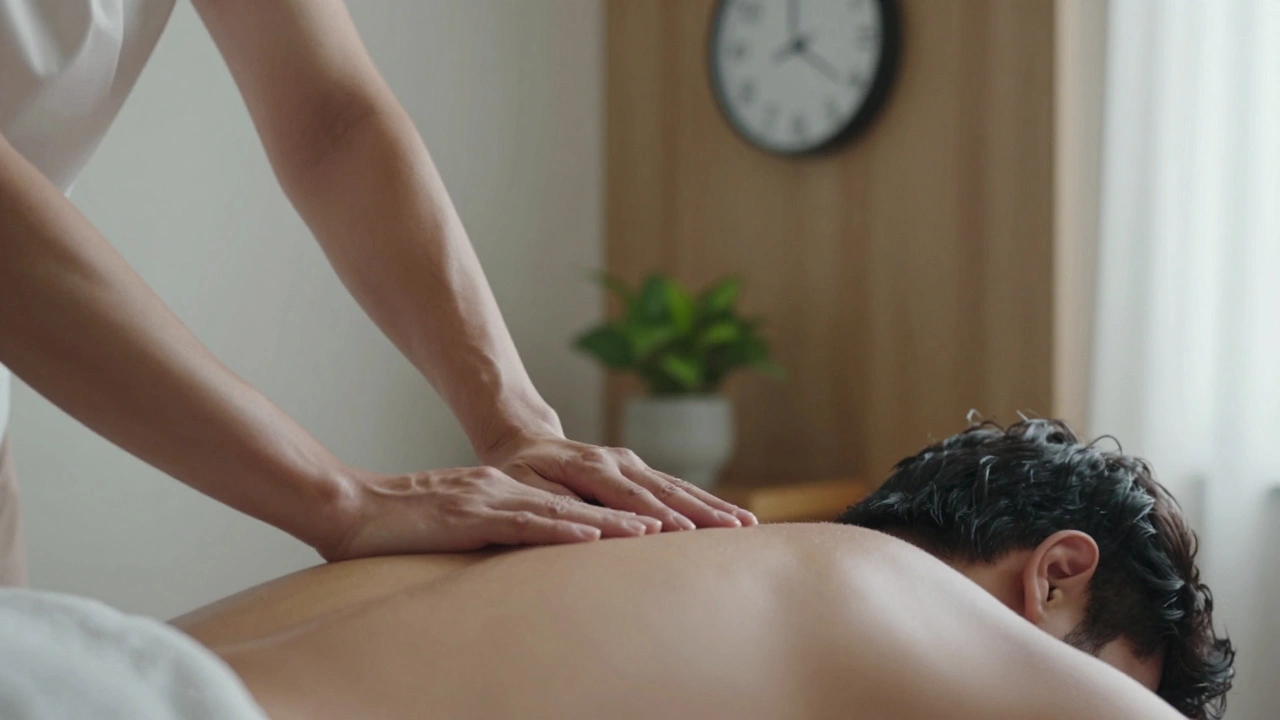 Hai bàn tay đang mát-xa lưng một người đàn ông, ánh sáng tự nhiên chiếu qua rèm, không gian tĩnh lặng và thanh bình.