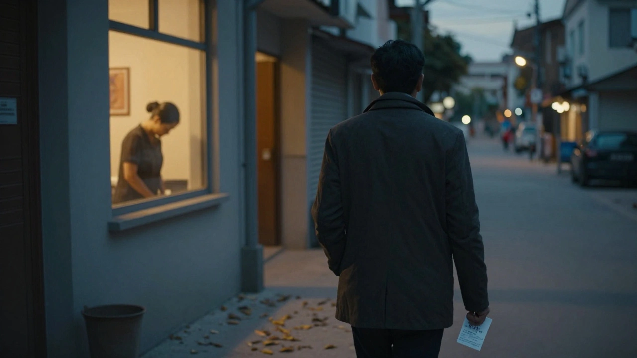 Một người đàn ông đi bộ trong con hẻm chiều tối, cầm hóa đơn mát-xa cảm xúc, bóng dáng người mát-xa lờ mờ qua cửa sổ.