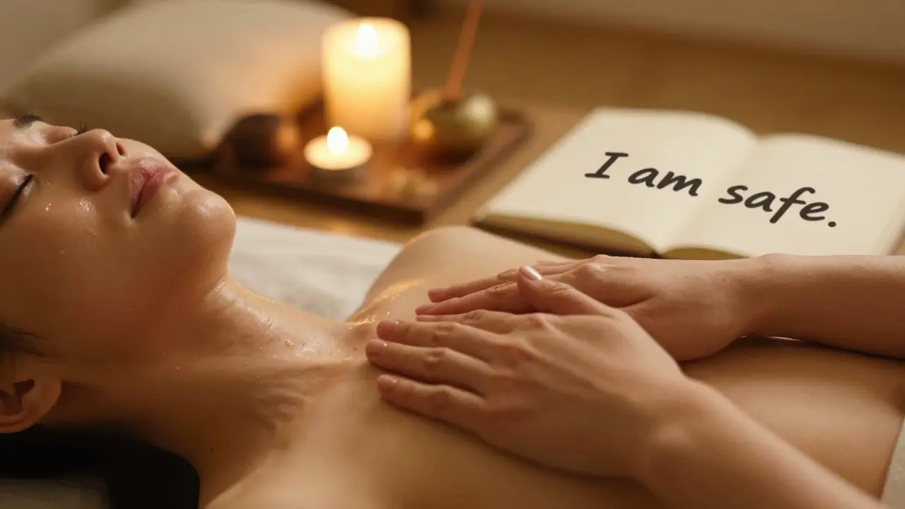 Một người phụ nữ đặt tay lên ngực sau buổi massage, nước mắt lấp lánh, thể hiện cảm giác bình yên và được chữa lành.