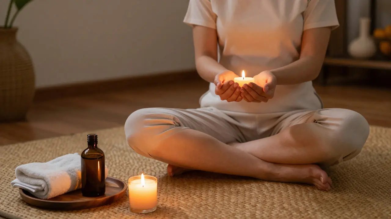 Một người phụ nữ ngồi thiền với bàn tay che mắt, ánh nến dịu nhẹ xung quanh.