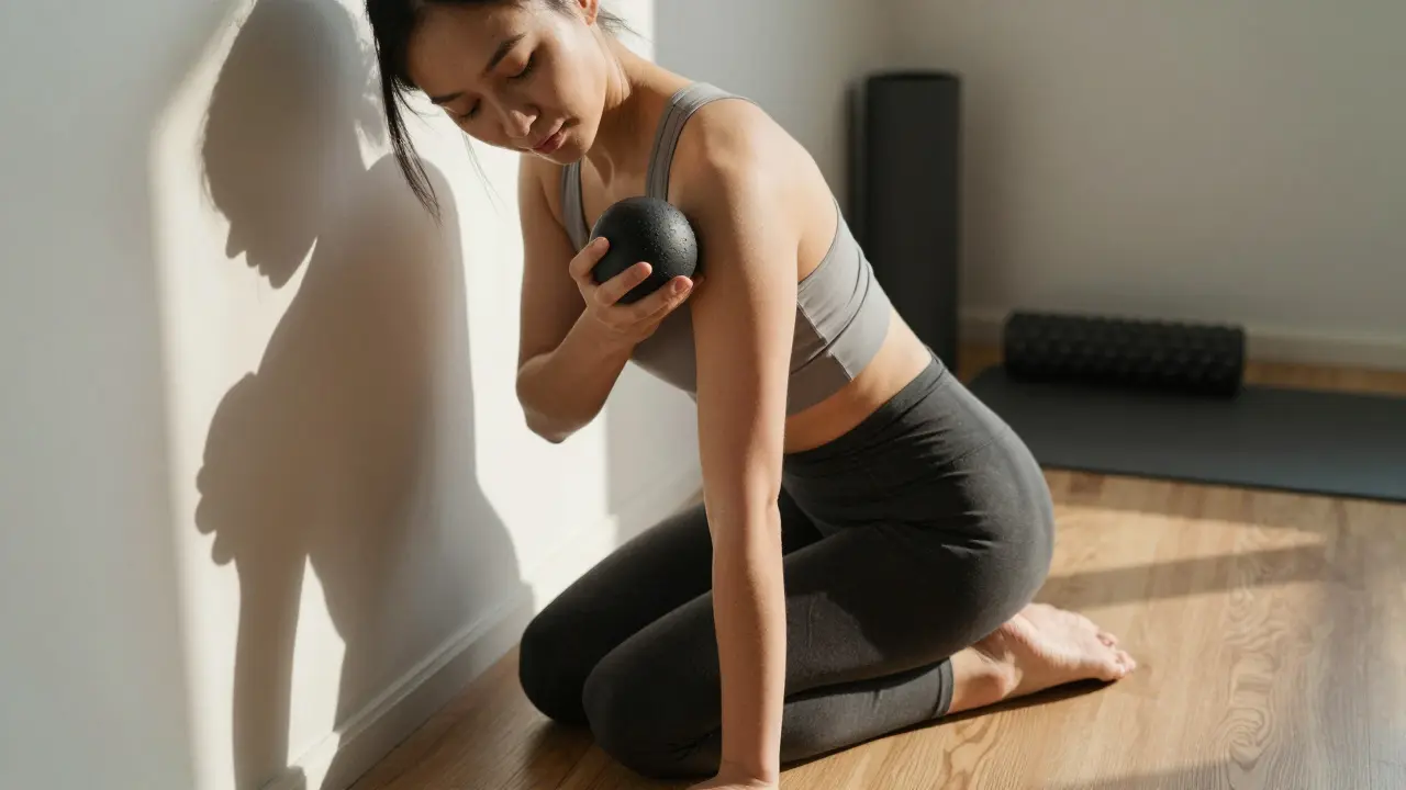 Người đàn ông tự thực hiện myofascial release tại nhà bằng bóng lacrosse giữa hai xương bả vai.