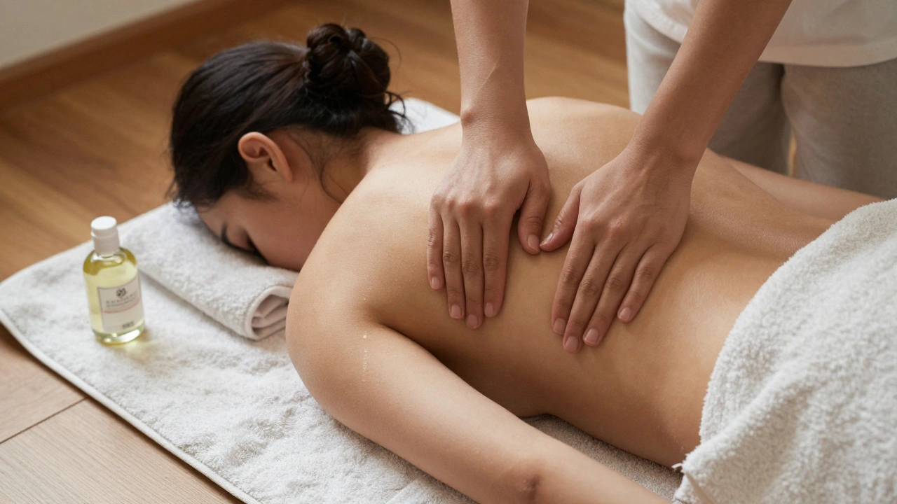 Người đang nằm sấp, tay đối phương nhẹ nhàng đặt trên lưng, không cử động.