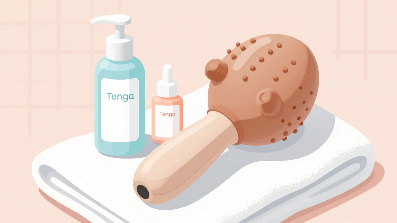 Thiết bị Tenga Egg Massage đặt trên khăn trắng kèm gel bôi trơn và xà phòng, phong cách tối giản Nhật Bản.