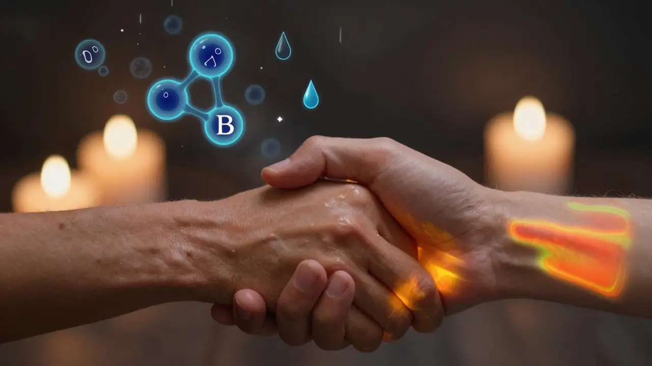 Ảnh khái niệm cho thấy sự truyền nhiệt giữa da và phân tử oxytocin, kèm theo hình ảnh mưa rơi và ánh nến mờ ảo.