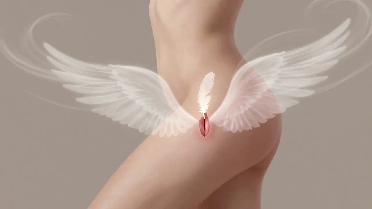 Cấu trúc bên trong âm vật hiện rõ như đôi cánh dưới da, với đầu lưỡi chạm nhẹ nhàng.