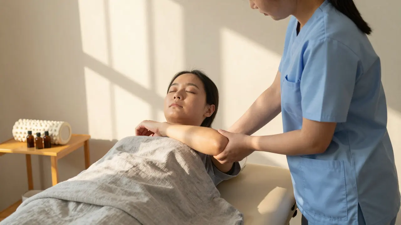 Chuyên gia vật lý trị liệu đang thực hiện liệu pháp myofascial release cho bệnh nhân tại phòng khám Việt Nam.