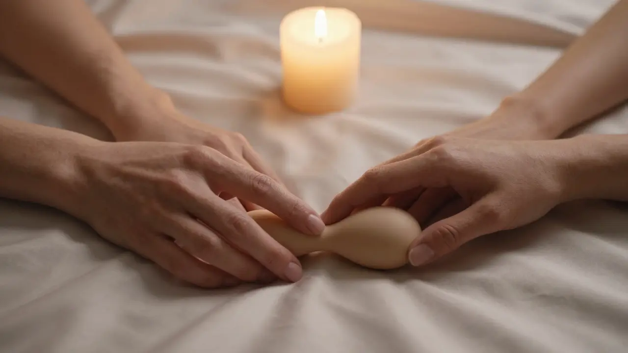 Hai bàn tay cùng chạm vào một thiết bị massage tình dục, thể hiện sự kết nối và chia sẻ giữa hai người.