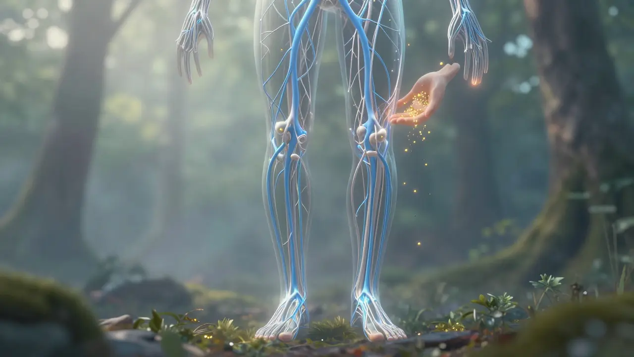 Hệ bạch huyết được minh họa như mạng lưới ánh sáng xanh bạc chảy từ chân lên cổ, được đôi tay dẫn đường.