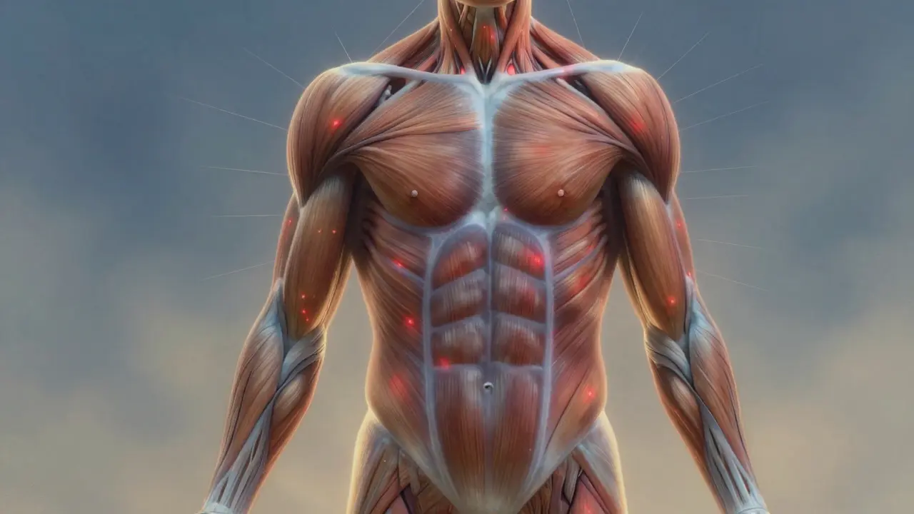 Hình ảnh giải phẫu cơ thể với các điểm căng cứng phát sáng và dòng năng lượng giải phóng.