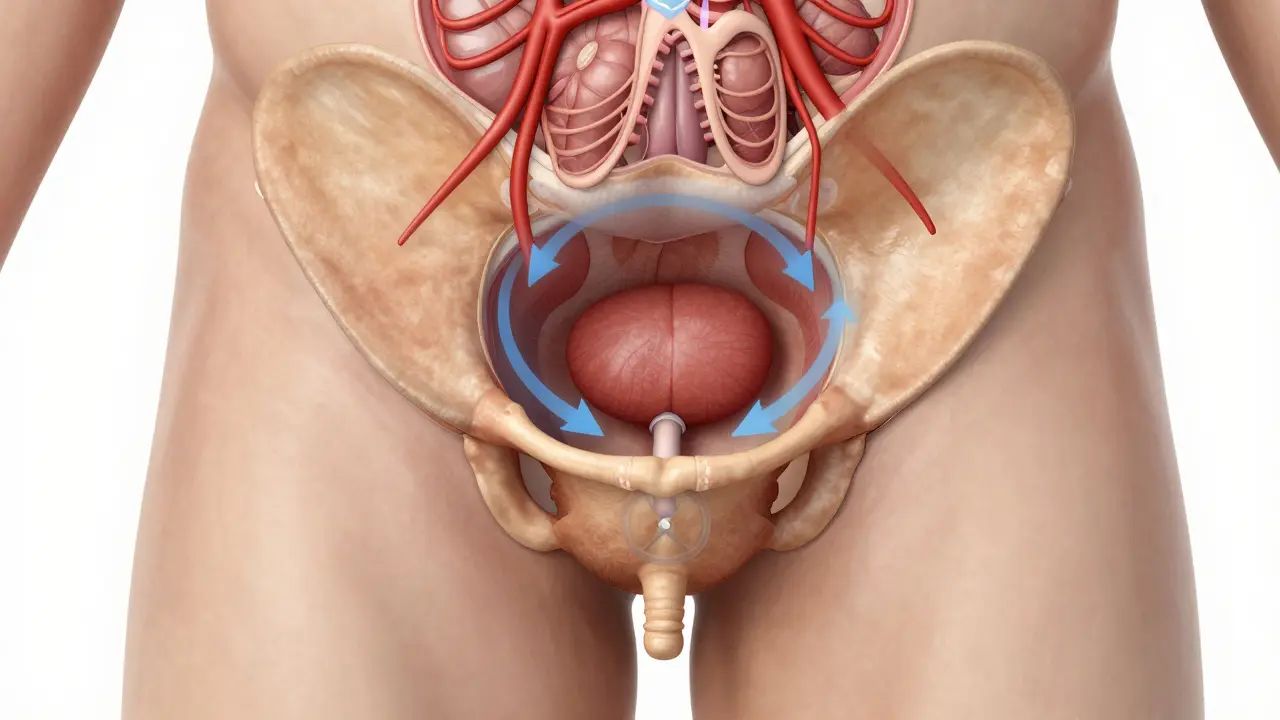 Hình ảnh giải phẫu tuyến tiền liệt với các mũi tên chỉ hướng massage nhẹ nhàng và lưu thông máu.