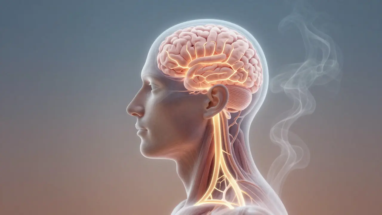 Hình ảnh minh họa lưu thông máu từ da đầu đến não với các mạch máu phát sáng.