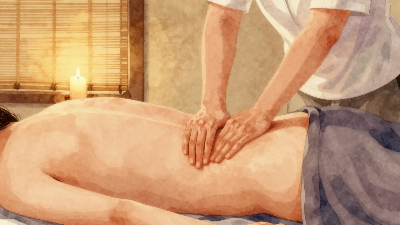 Minh họa phong cách nước màu cảnh massage thân thể trong không gian spa yên tĩnh, ánh sáng dịu, không có khuôn mặt.