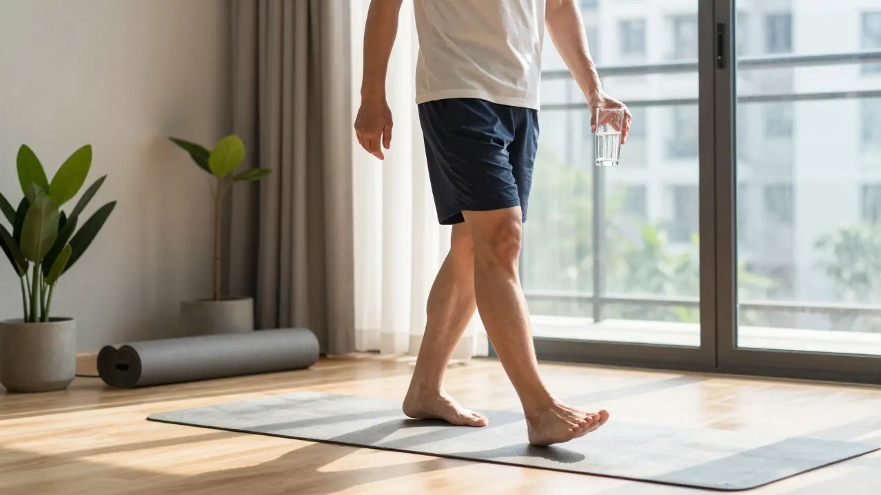 Nam giới sau khi massage đang đi bộ nhẹ nhàng vào buổi sáng, cầm cốc nước, không gian yên tĩnh trong nhà.