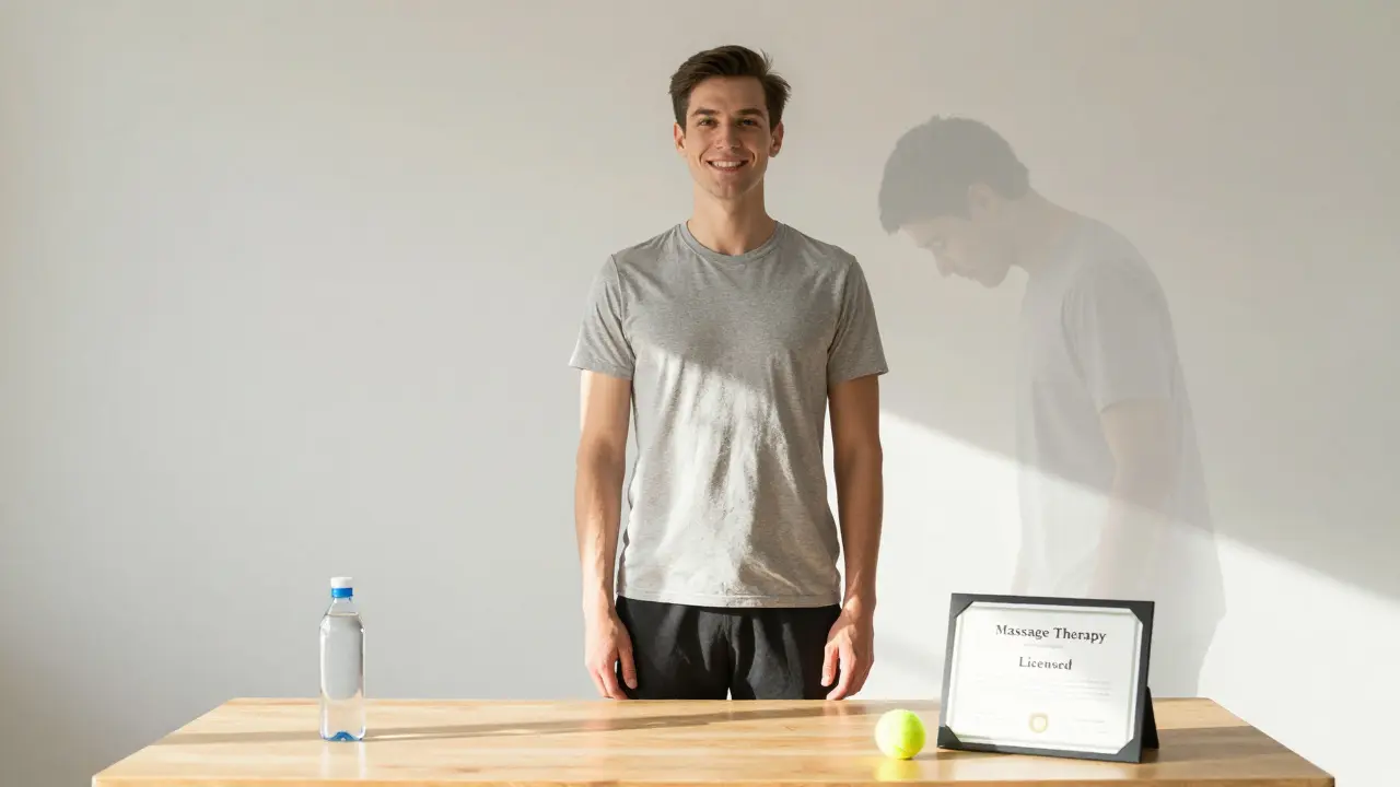 Person standing straight with improved posture after deep tissue massage, symbolizing recovery.