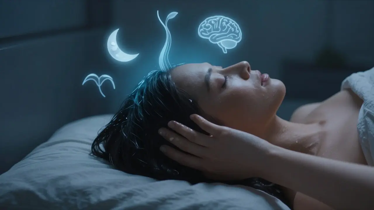 Phụ nữ massage đầu trước khi ngủ với ánh sáng dịu nhẹ xung quanh đầu.