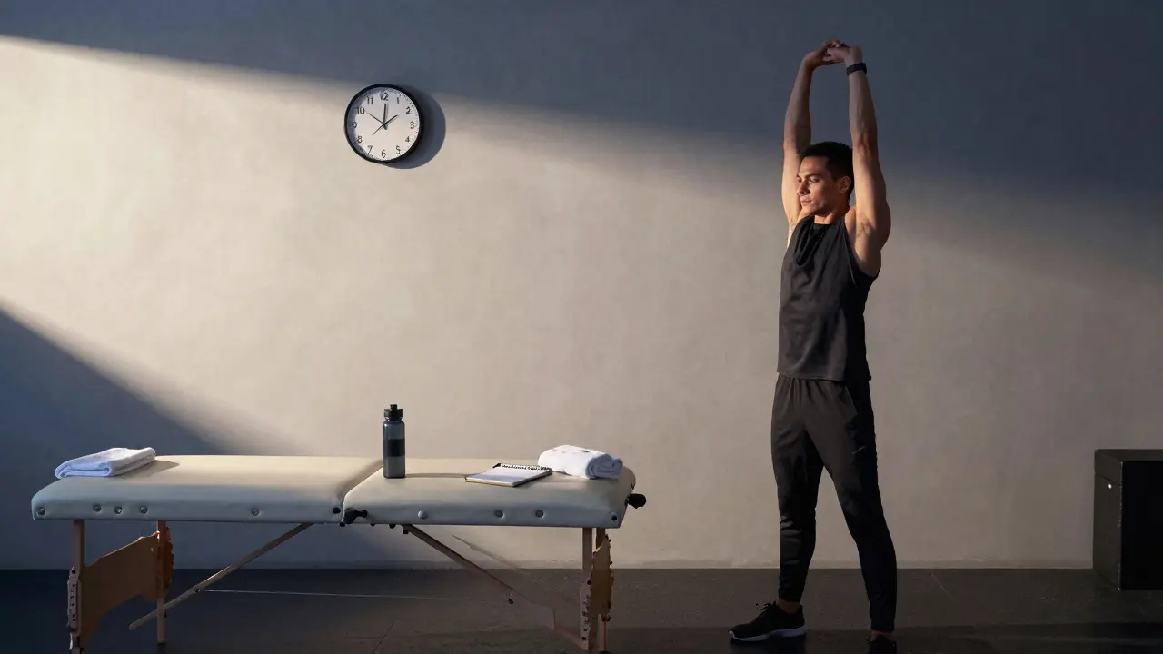 Bối cảnh phòng tập vào buổi sáng sớm, bàn massage với khăn và nước, thể hiện sự kỷ luật trong phục hồi.