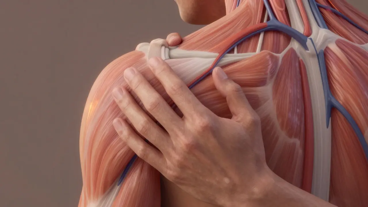 Cánh tay ấn sâu lên cơ vai, tiết lộ dòng máu tăng lưu thông dưới lớp mô.